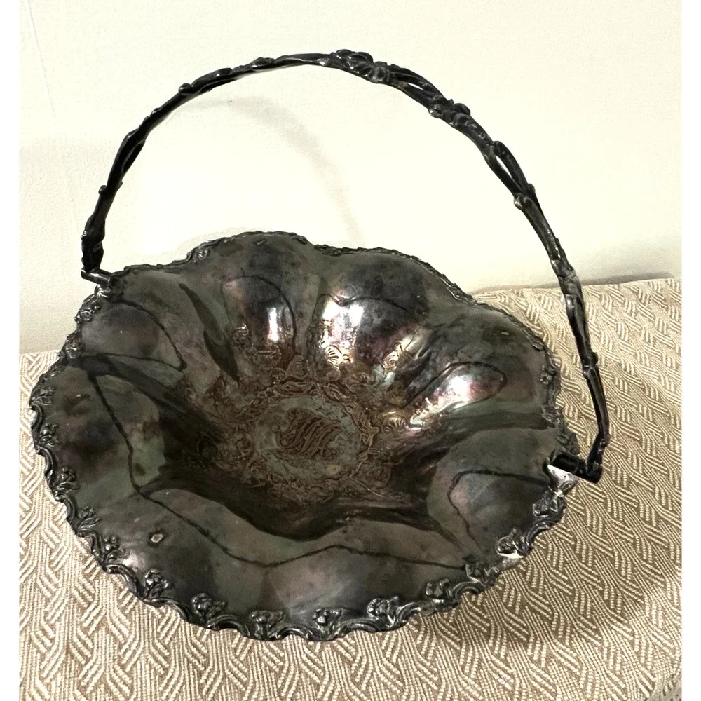 Nov 25, 1851 Wedding Cake Silver Plate Basket Monogram Antique Handled Ornateget
